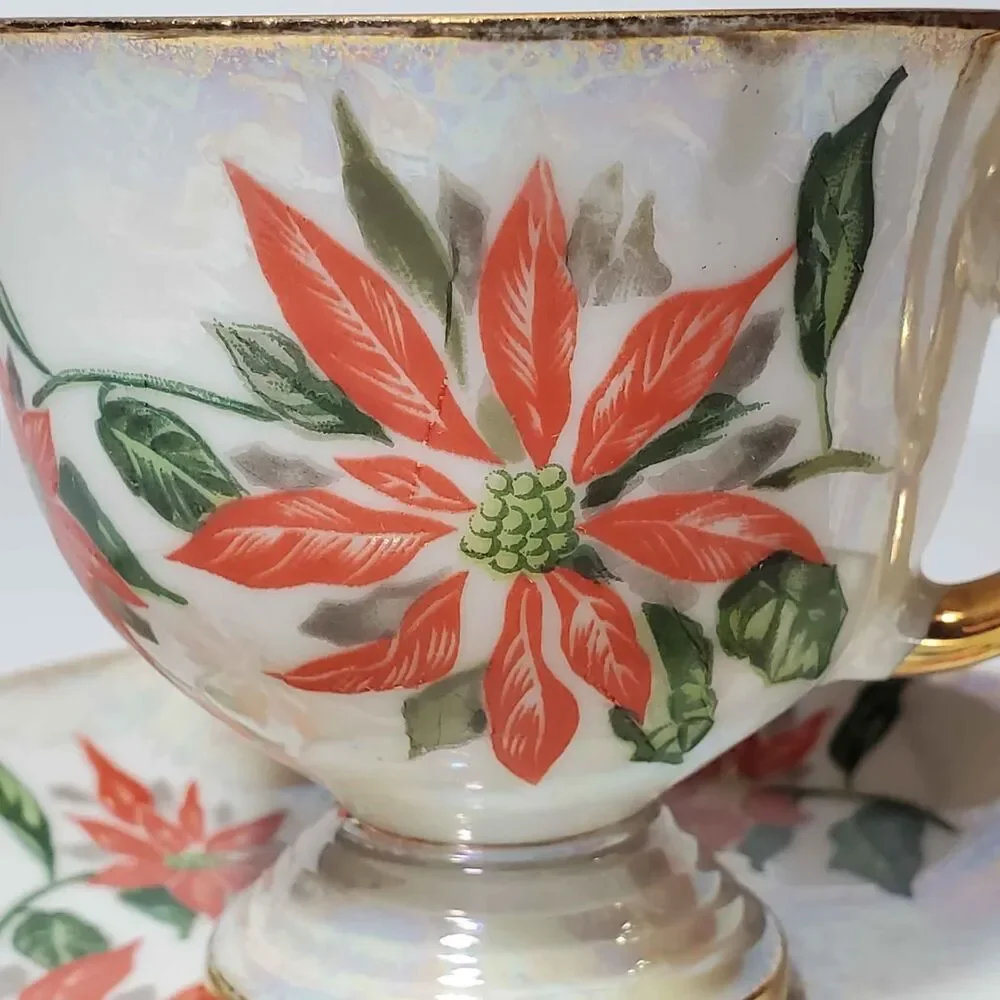 December Poinsettia Teacup and Saucer Christmas Holiday Vintage